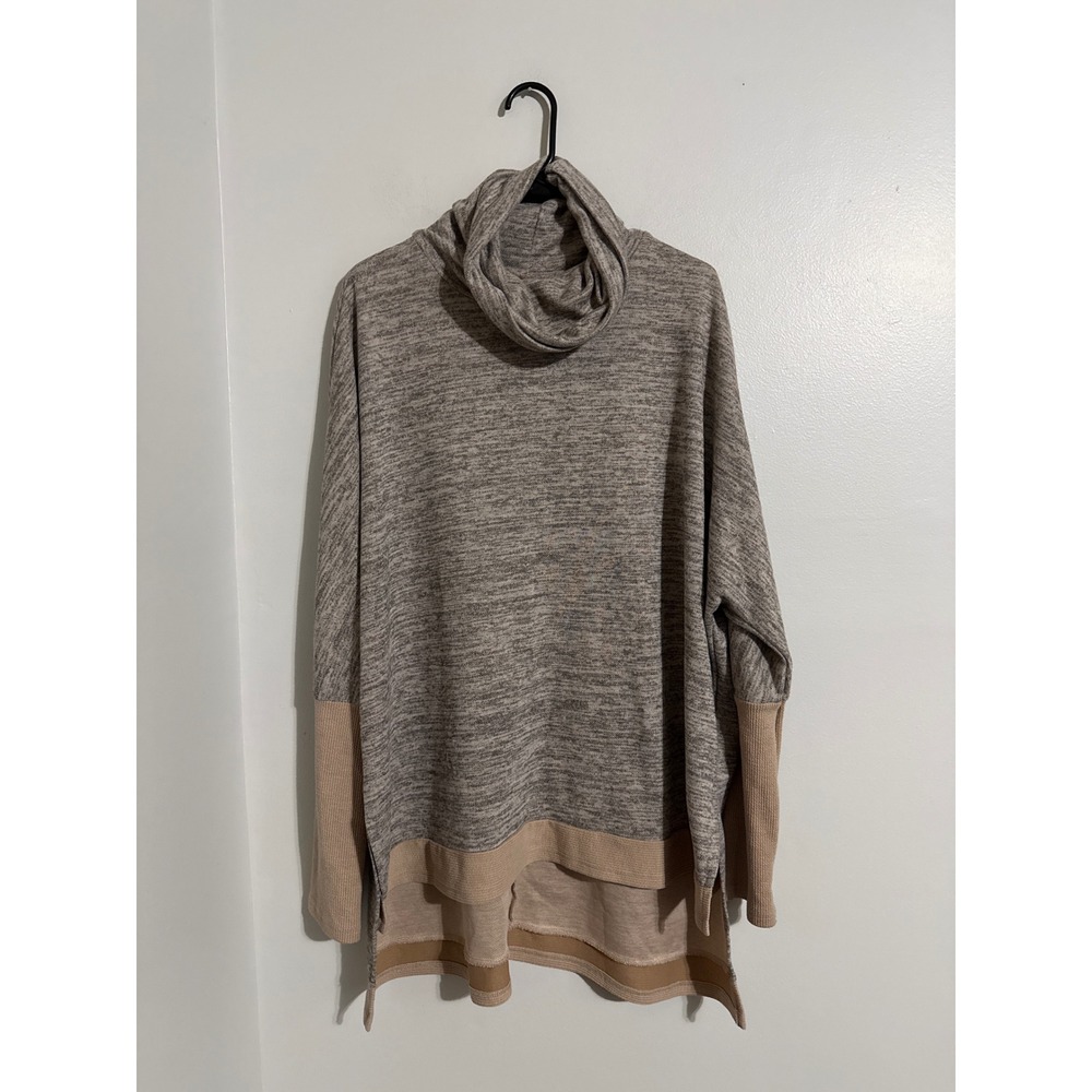 Heathered Gray Cowl Neck Tunic Sweater Tan Waffle Knit Trim 2XL